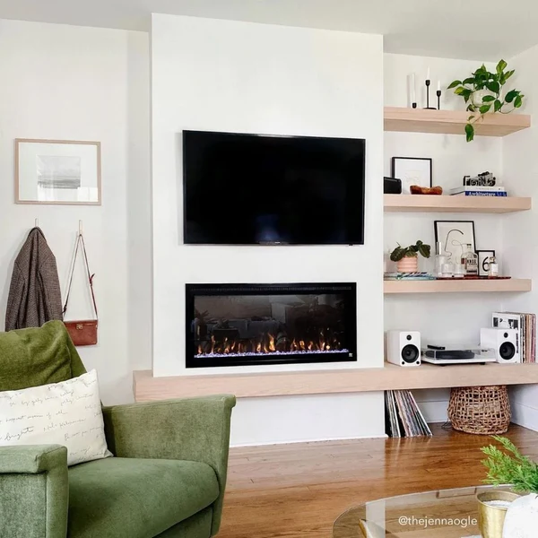 Minimalist electric fireplace for a moderm living area.